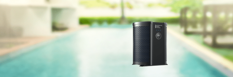 A portable air purifier stands beside an outdoor swimming pool, with blurred greenery in the background, emphasizing a clean and fresh environment as part of a thoughtful home improvement. | AES - Pool Heating & Energy Efficient Products