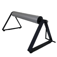 A modern, portable gray piano stand with a sturdy black metal frame, displayed against a plain green background near the pool rollers. | AES - Pool Heating & Energy Efficient Products