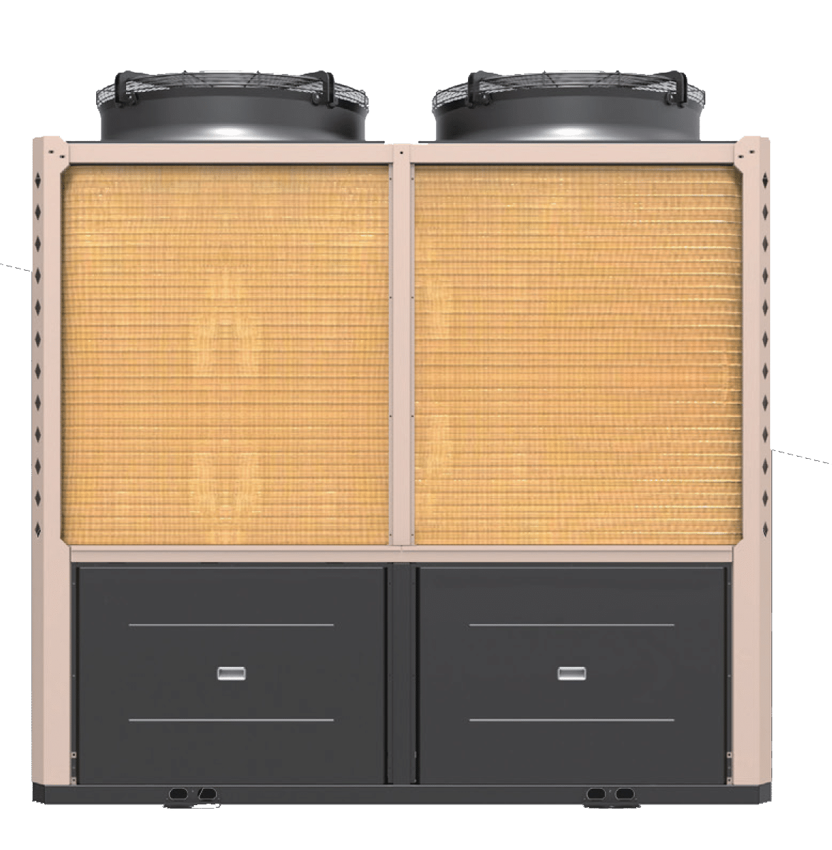 A commercial heat pump with beige filters, black storage compartments below, and metallic grey framework, viewed against a solid green background. | AES - Pool Heating & Energy Efficient Products
