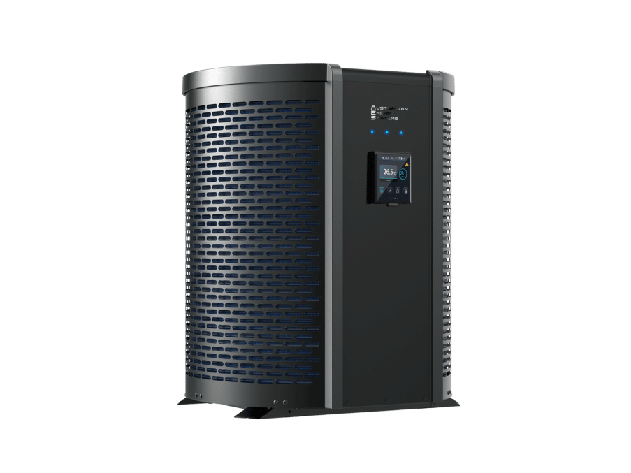 A dark grey, cylindrical outdoor air conditioning unit with a digital display on its side. The unit has a modern design with a perforated outer casing and vents for airflow. The digital display shows controls and temperature settings. | AES - Pool Heating & Energy Efficient Products