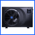 A black heat pump with a large circular fan on the left side. The device features a compact and sleek design with a small display screen on the top right corner. The background is white with a thin blue border around the image. | AES - Pool Heating & Energy Efficient Products