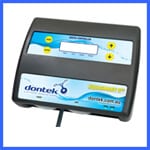 A black electronic device with a digital display and buttons labeled with yellow symbols. The device has text that reads "dontek" and "auto-trol 50." It features a cord extending from the bottom. Blue accents are present on the label. The device is framed with a blue border. | AES - Pool Heating & Energy Efficient Products