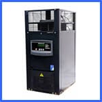 A black industrial cooling system unit with a digital display screen on the front and protective grilles on the upper section. The device has a compact rectangular design and a blue and black color scheme with various vents and controls visible. | AES - Pool Heating & Energy Efficient Products