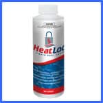 A white cylindrical bottle with a blue and red label displays the product name "HeatLoc" in bold letters. The bottle's label features a logo with a padlock symbol and text describing the product as a heating and cooling system protector. | AES - Pool Heating & Energy Efficient Products