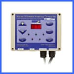 A square electronic control unit with a purple front panel displays a digital screen and various buttons. The upper label reads "Kasa Climate Heating Control Kicthson". Several connectors and wiring are visible at the bottom. The device is framed by a blue border. | AES - Pool Heating & Energy Efficient Products