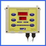 A yellow electronic control panel with eight blue buttons and two digital displays. The panel is labeled "Remote Generator/Transfer Switch Controller" at the top. Two cables are connected to the bottom of the device. The panel is mounted on a beige backing. | AES - Pool Heating & Energy Efficient Products