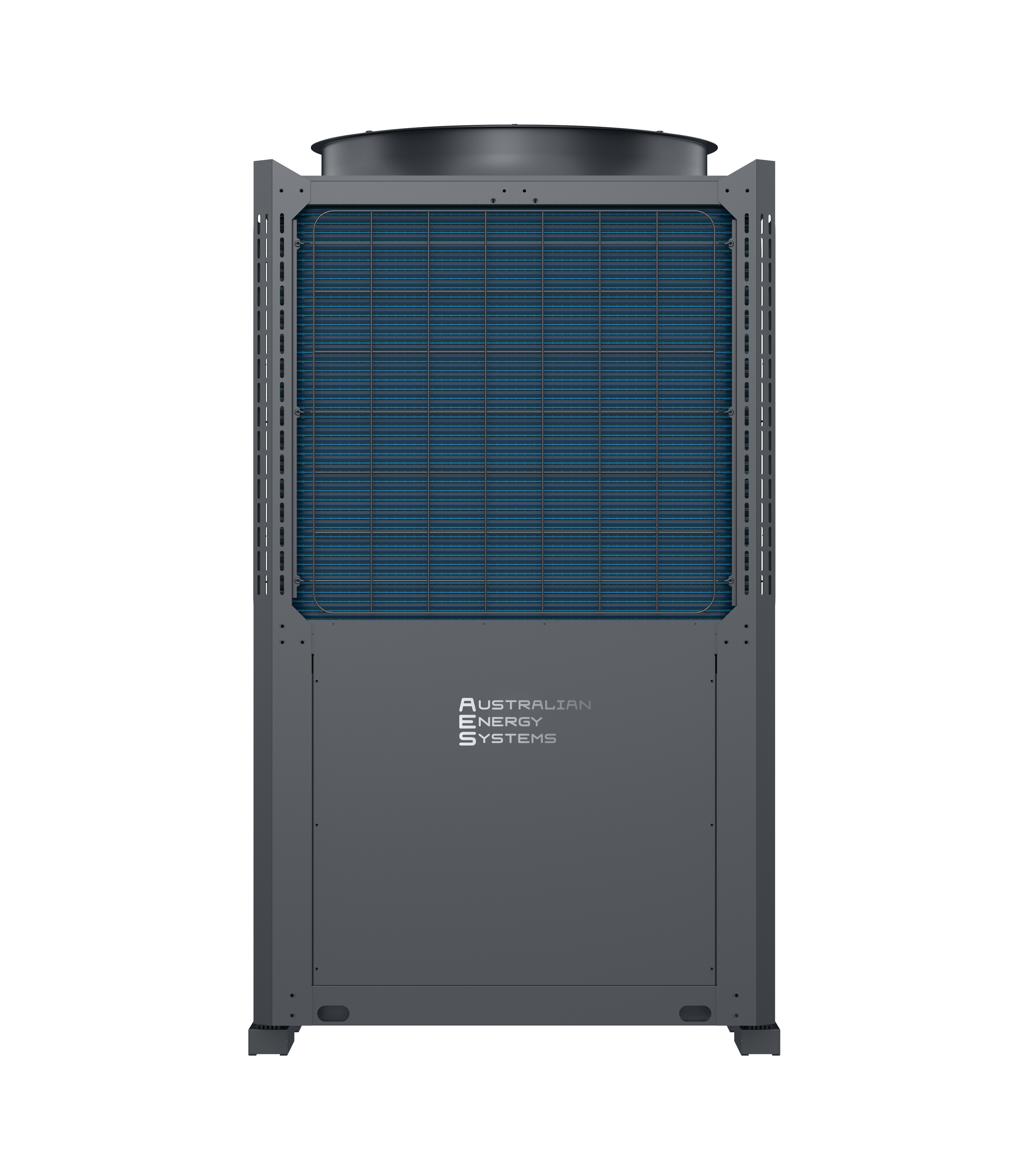 A tall, rectangular, dark grey HVAC unit with a large vented front panel and a fan on top. The front panel displays the logo and name "Australian Sun Energy Systems." This Pioneer MEGALINE commercial heat pump stands on four short legs and is set against a plain white background. | AES - Pool Heating & Energy Efficient Products