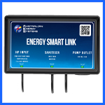 A rectangular electronic device labeled "Energy Smart Link" from Australian Energy Systems. This NEW product has three sections: "SP Input," "Sanitiser," and "Pump Outlet." A QR code is in the upper right corner, and three wires extend from the bottom. | AES - Pool Heating & Energy Efficient Products