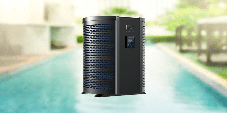 A sleek, modern air conditioning unit is placed outdoors near a swimming pool in a sunny, slightly blurry background. The unit has a digital display and a dark metallic finish. Trees and buildings are visible in the distance. | AES - Pool Heating & Energy Efficient Products