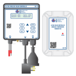 Illustration of two devices: a solar controller with a display screen showing temperature settings and a wireless temperature transmitter with brand logos. The display reads "Pool: 25°C, Set: 28°C, Roof: 35°C, Heating" with control buttons below. | AES - Pool Heating & Energy Efficient Products